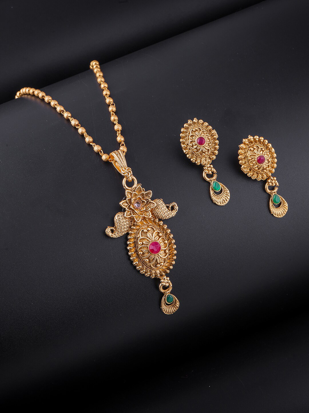 

Brandsoon Gold-Plated Red & Green Stone-Studded Jewellery Set