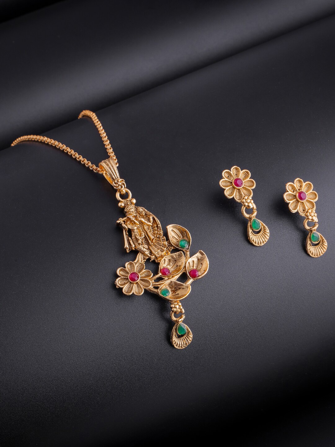 

Brandsoon Gold-Plated Red & Green Stones Studded Jewellery Set