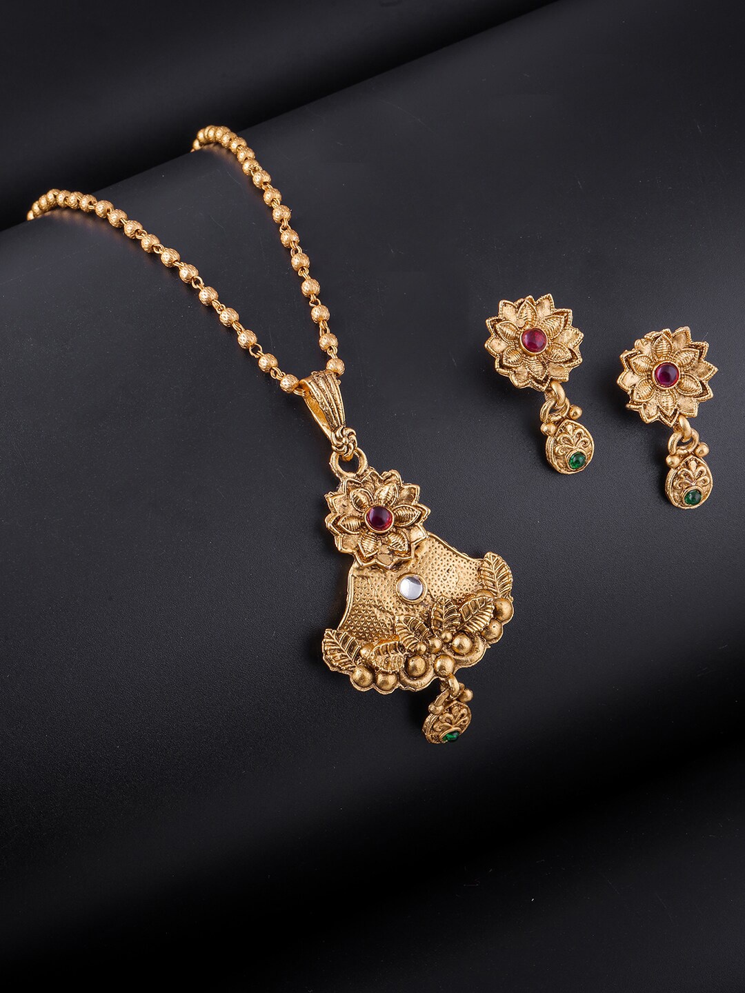 

Brandsoon Gold-Plated Pink Stone Studded Enamelled Temple Jewellery Set