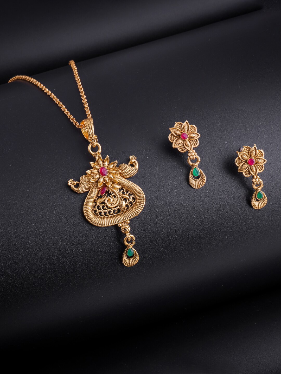 

Brandsoon One-Gram Gold-Plated Red & Green Stone Studded Temple Jewellery Set