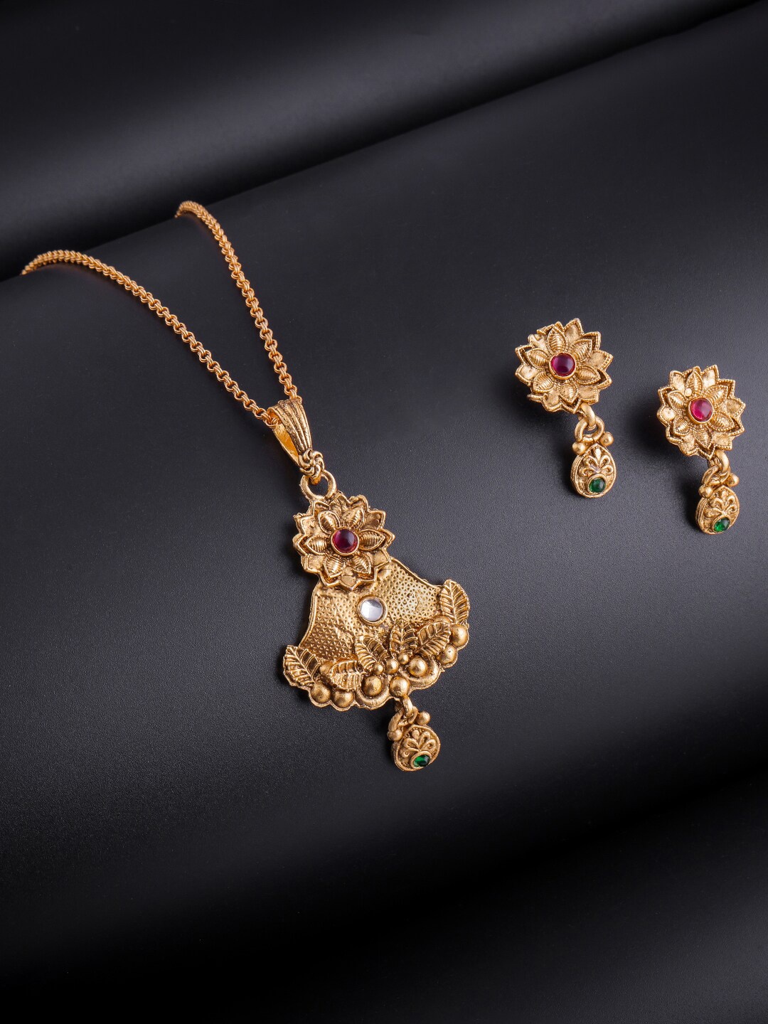 

Brandsoon Gold-Plated Red & Green Stone-Studded Jewellery Set
