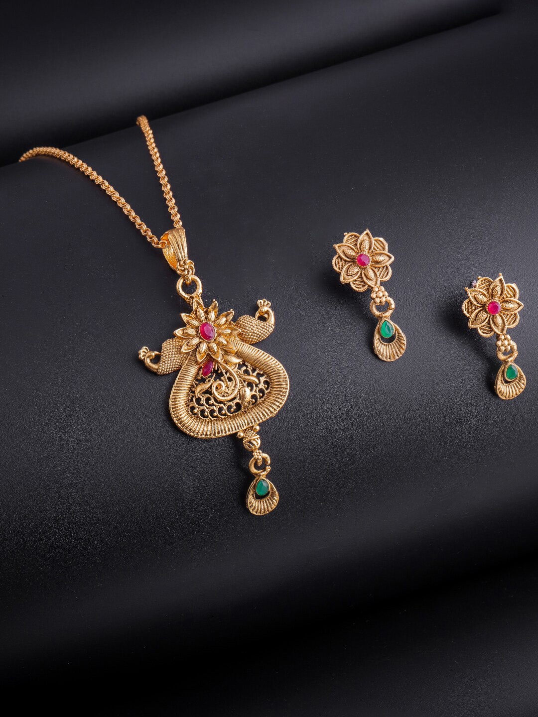 

Brandsoon Gold-Plated Red & Green Stone-Studded Jewellery Set