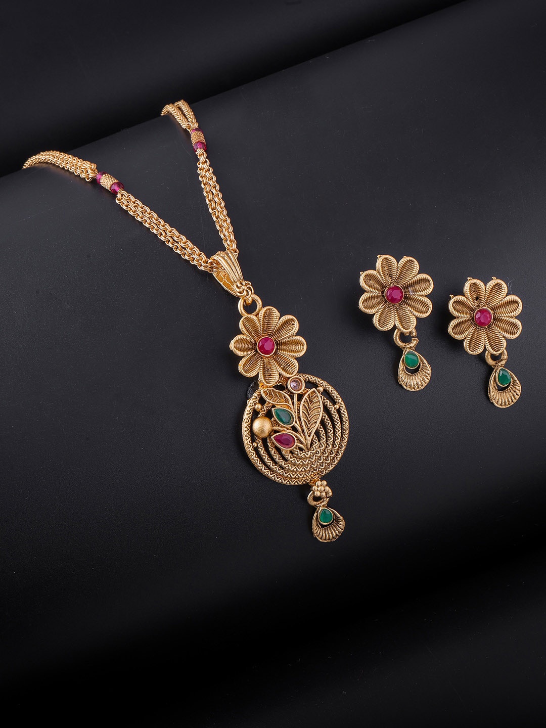 

Brandsoon Gold-Plated Red & Green Stone-Studded Jewellery Set