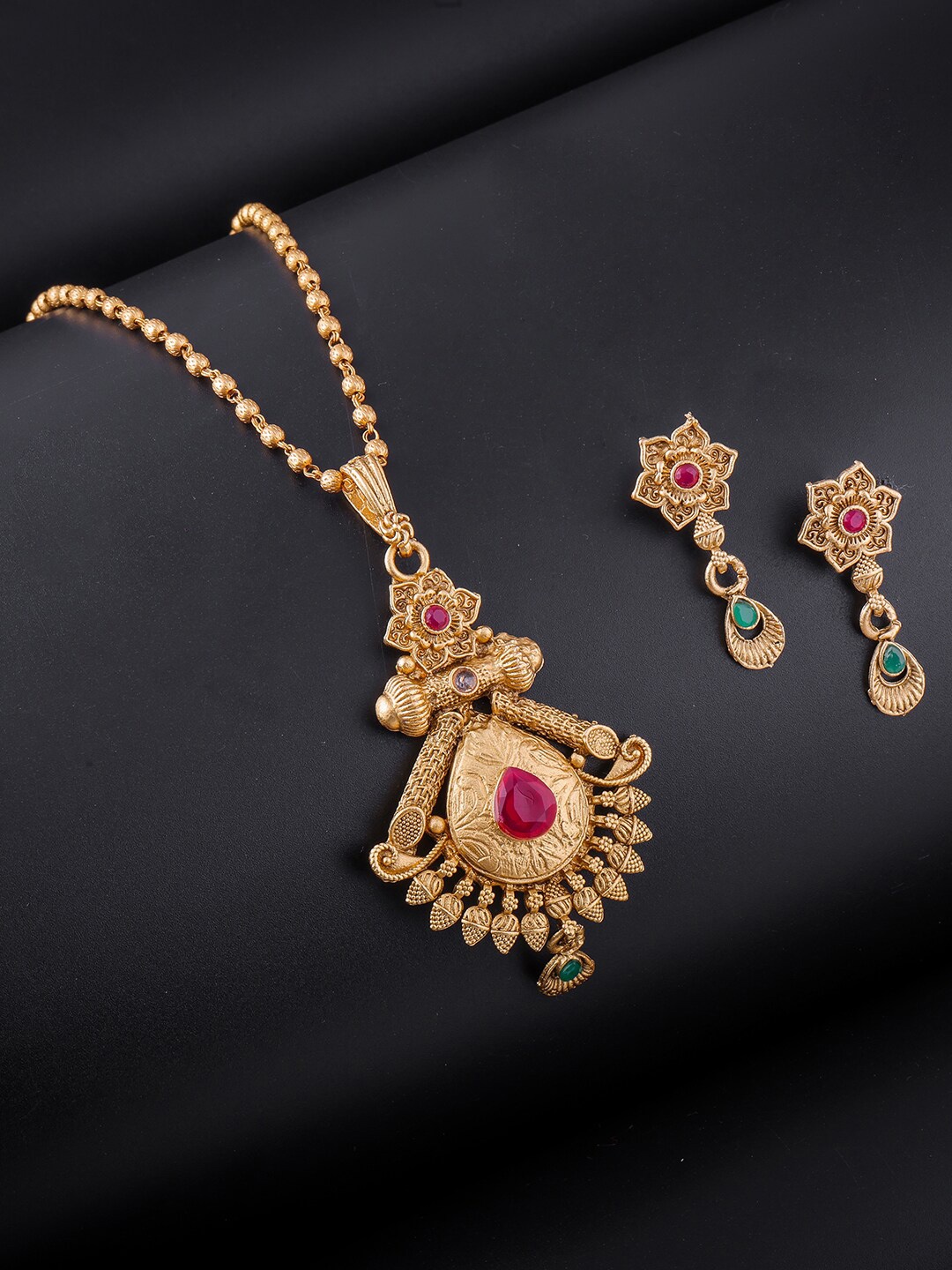 

Brandsoon Gold-Plated Pink & Green Stone-Studded Jewellery Set