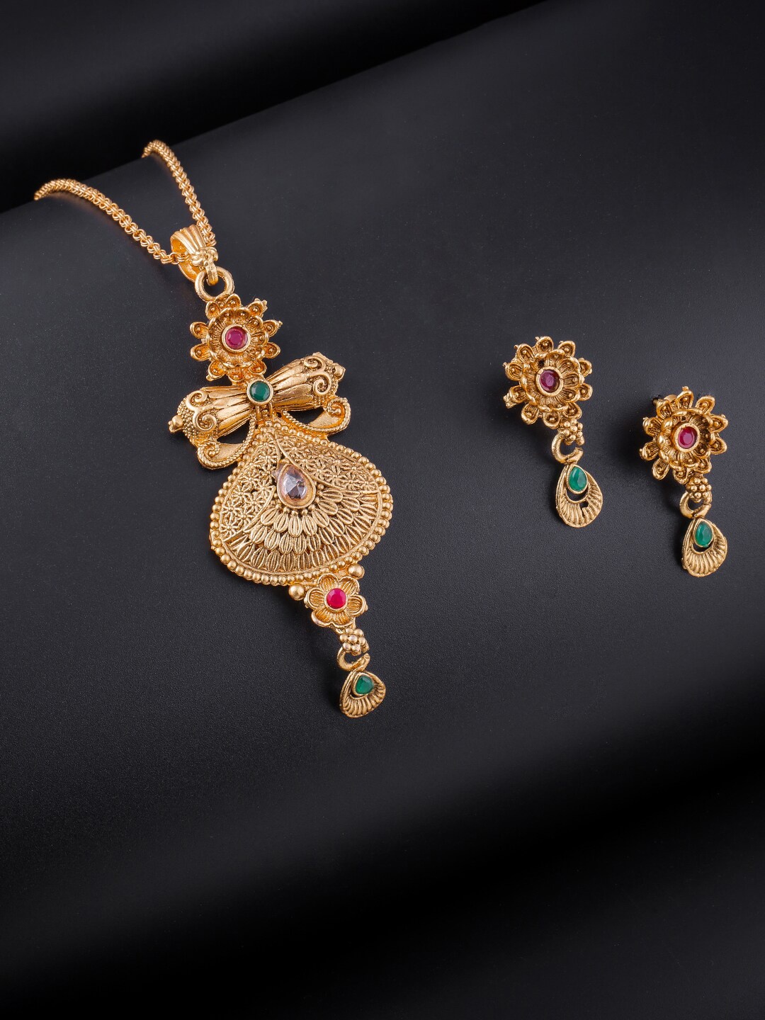 

Brandsoon One Gram Gold-Plated Pink & Green Stone-Studded Temple Jewellery Set