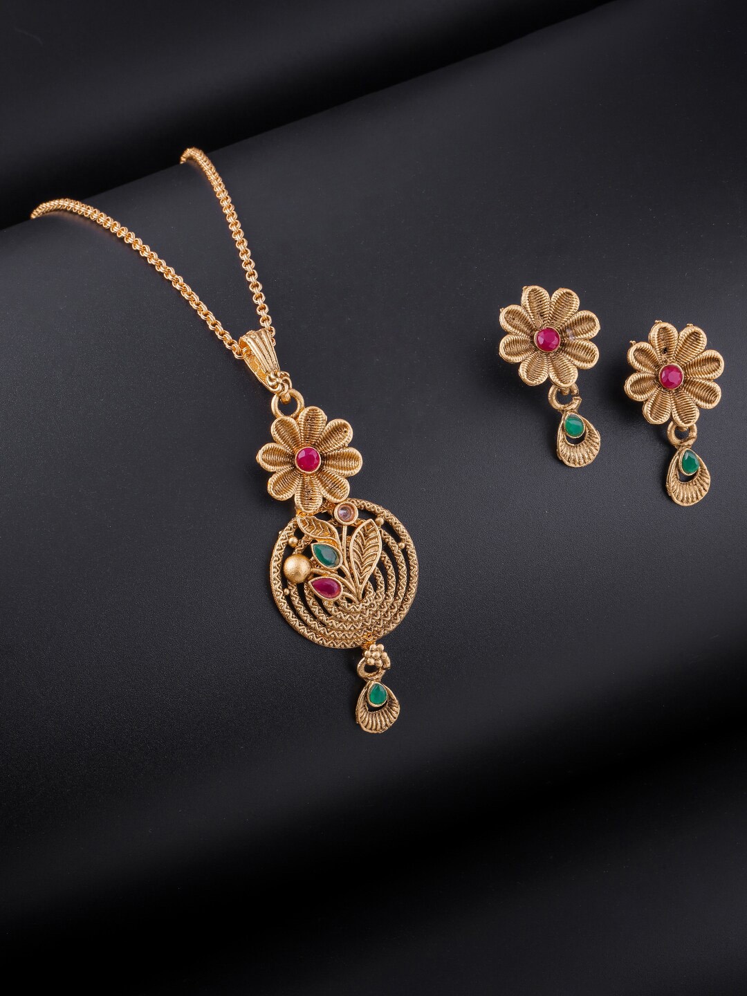 

Brandsoon Gold-Plated Red & Green Stone-Studded Jewellery Set