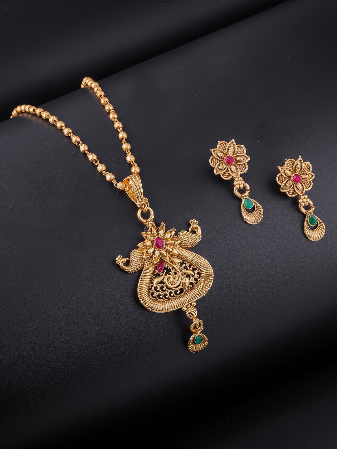 

Brandsoon One Gram Gold-Plated Red & Green Stone Studded Jewellery Set