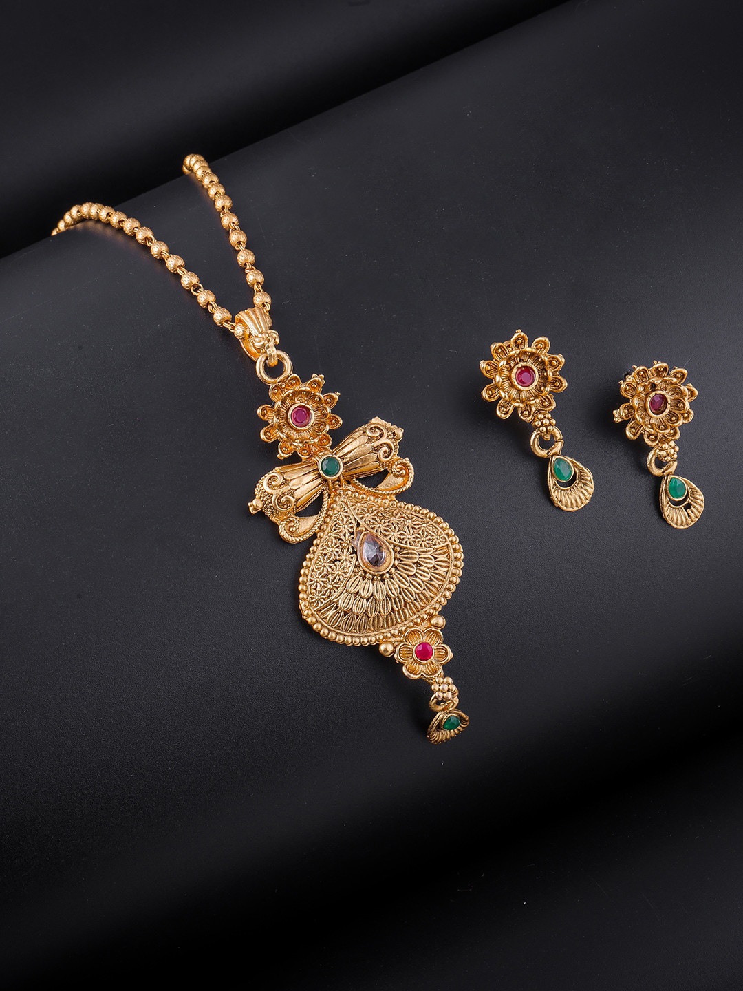 

Brandsoon Gold-Plated Red & Green Stone-Studded Jewellery Set