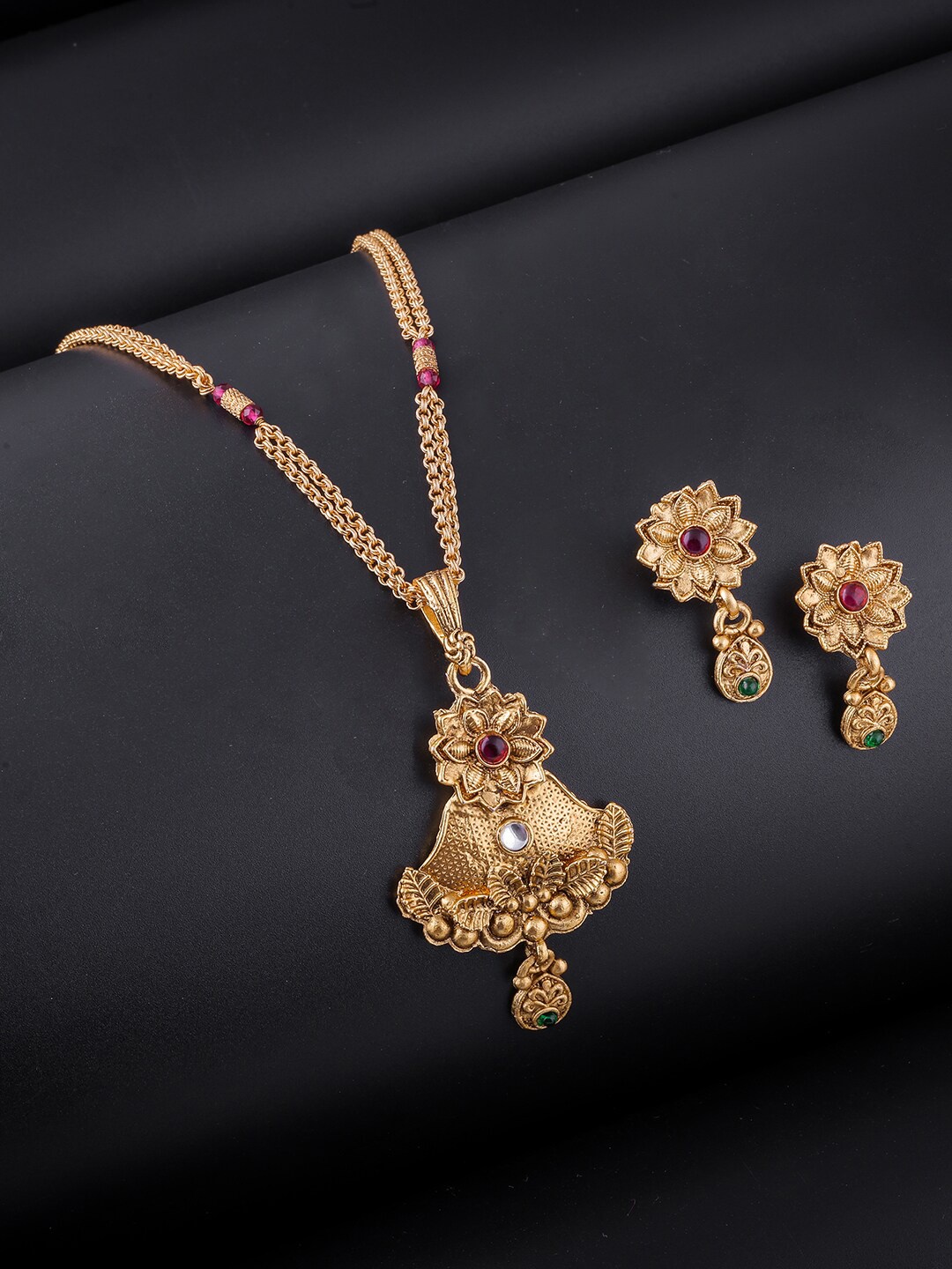 

Brandsoon Gold-Plated Red & Green Stones Studded Jewellery Set