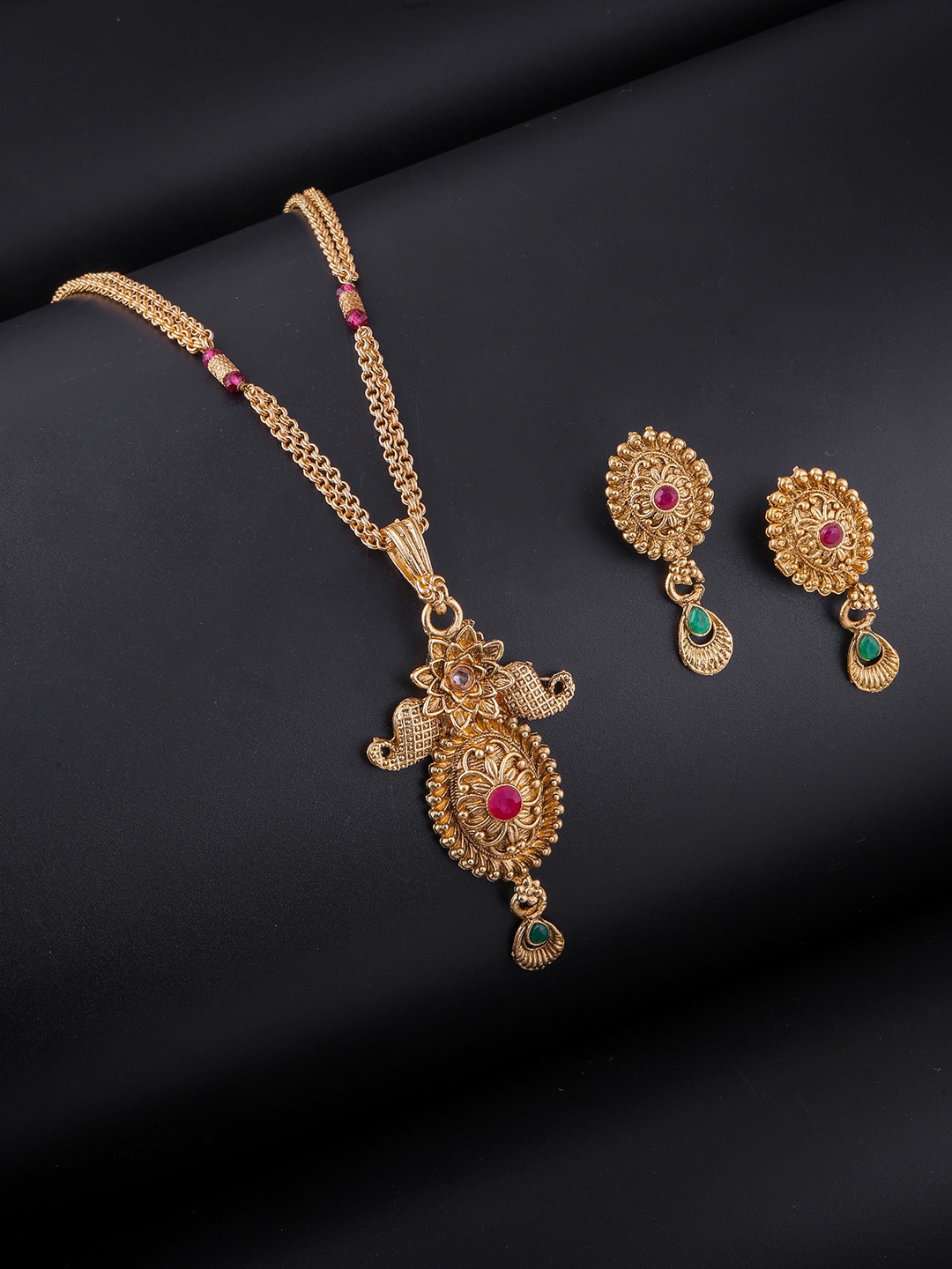 

Brandsoon Gold-Plated Red & Green Stone-Studded Jewellery Set