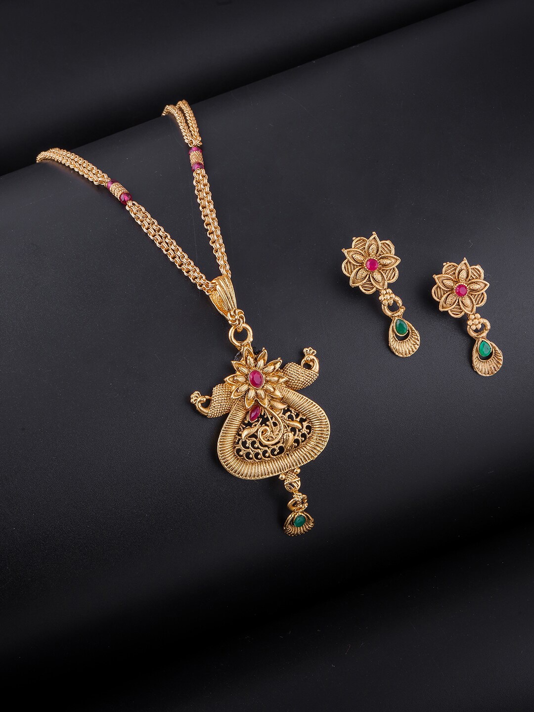 

Brandsoon Gold-Plated Green Stone-Studded & Beaded Jewellery Set