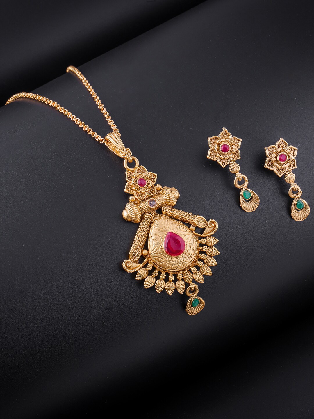 

Brandsoon Gold-Plated Red & Green Stone-Studded Jewellery Set