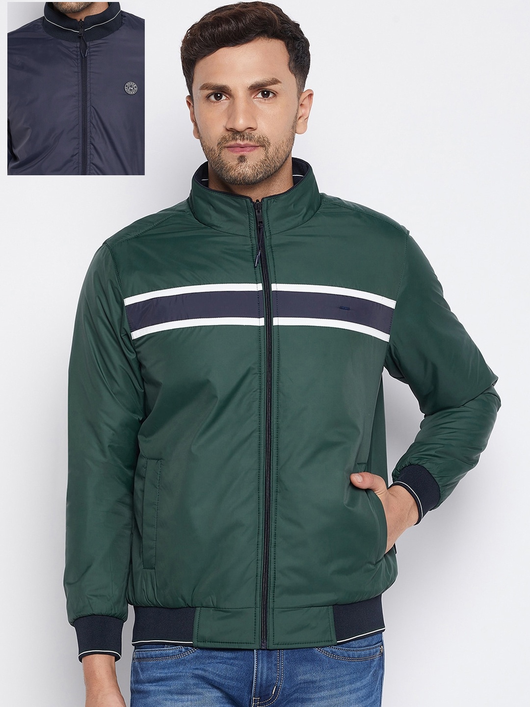 

Okane Men Green Blue Reversible Bomber Jacket