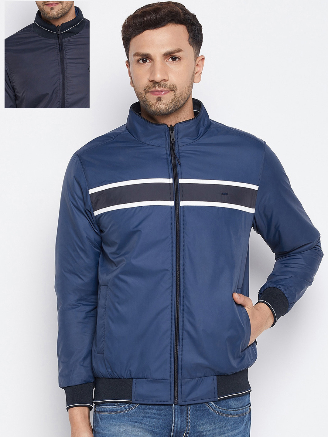 

Okane Men Blue Reversible Bomber Jacket