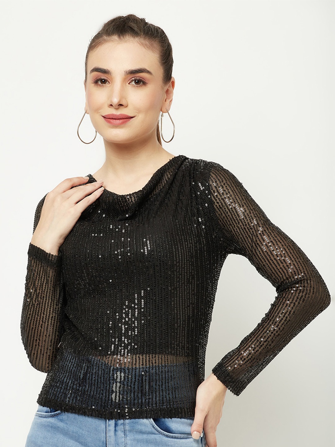 

Crimsoune Club Black Embellished Cowl Neck Top