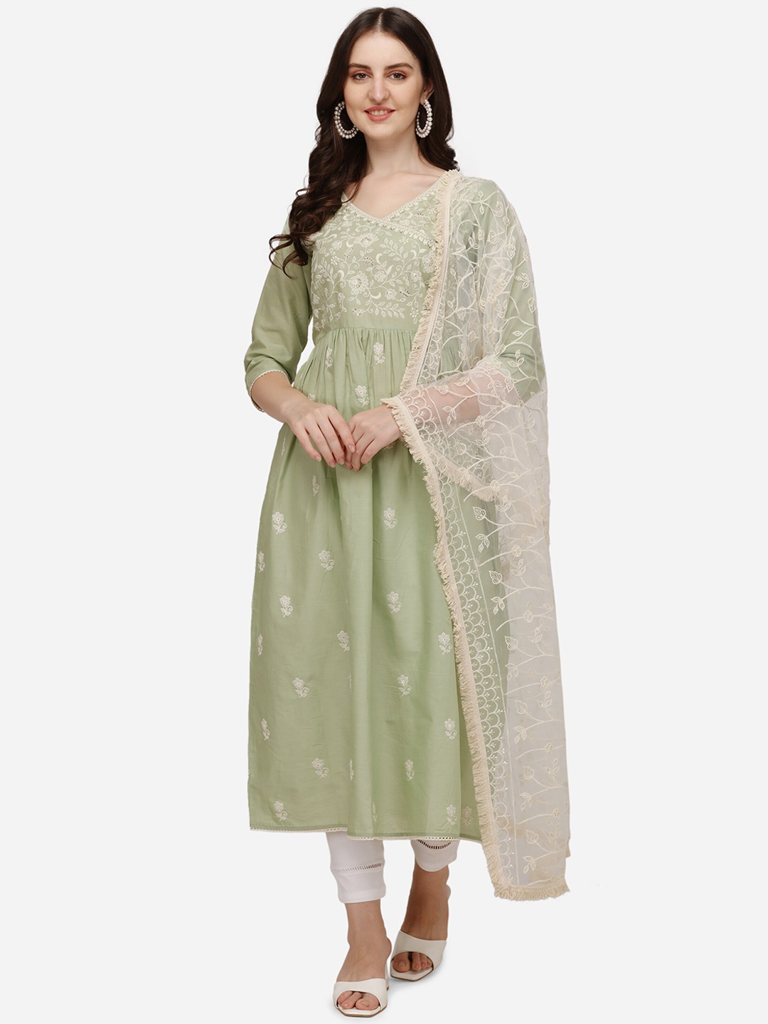 

Berrylicious Women Green Floral Embroidered Angrakha Kurta with Trousers & With Duppatta