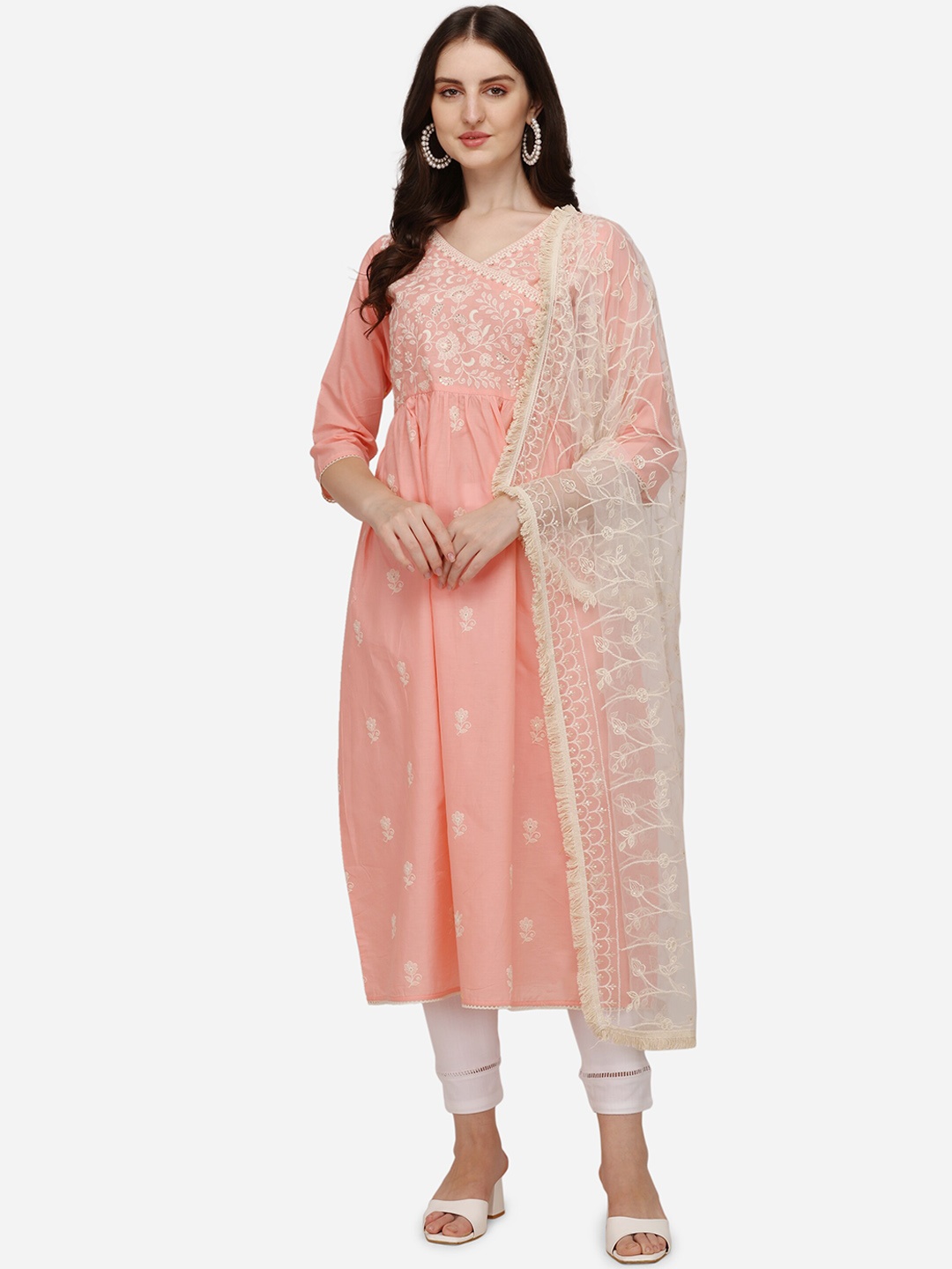 

Berrylicious Women Peach Floral Embroidered Angrakha Kurta with Trousers & Duppatta