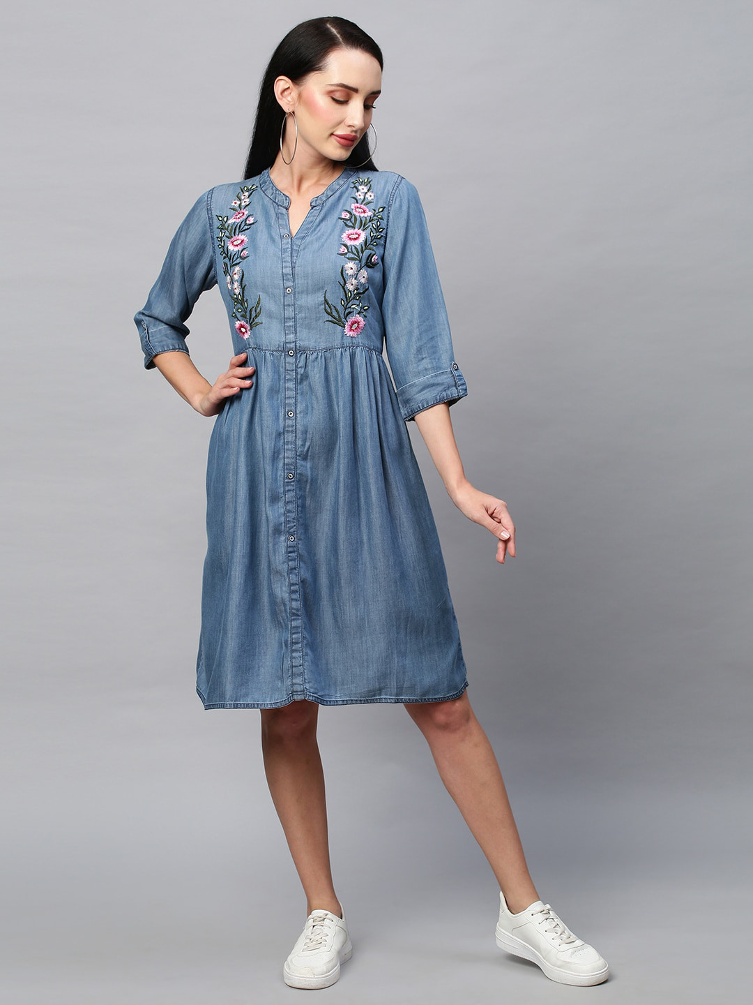 

POONAM DESIGNER Blue & Pink Floral Embroidered Denim A-Line Dress