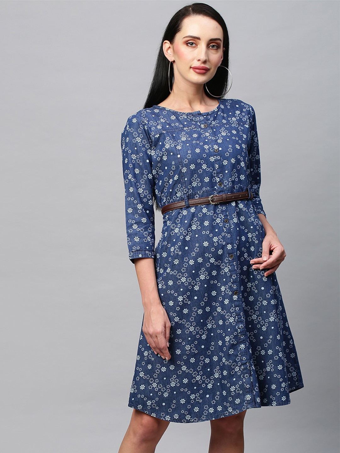 

POONAM DESIGNER Navy Blue Floral Printed A-Line Dress