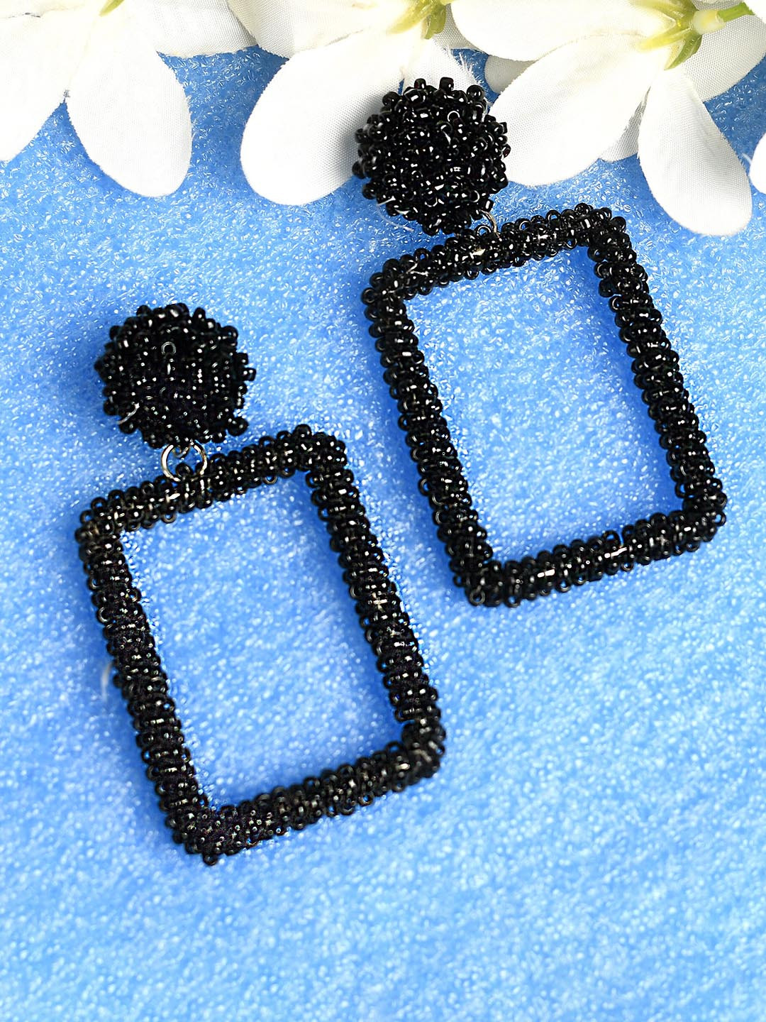 

QTO Black & Silver-Plated Beaded Geometric Drop Earrings