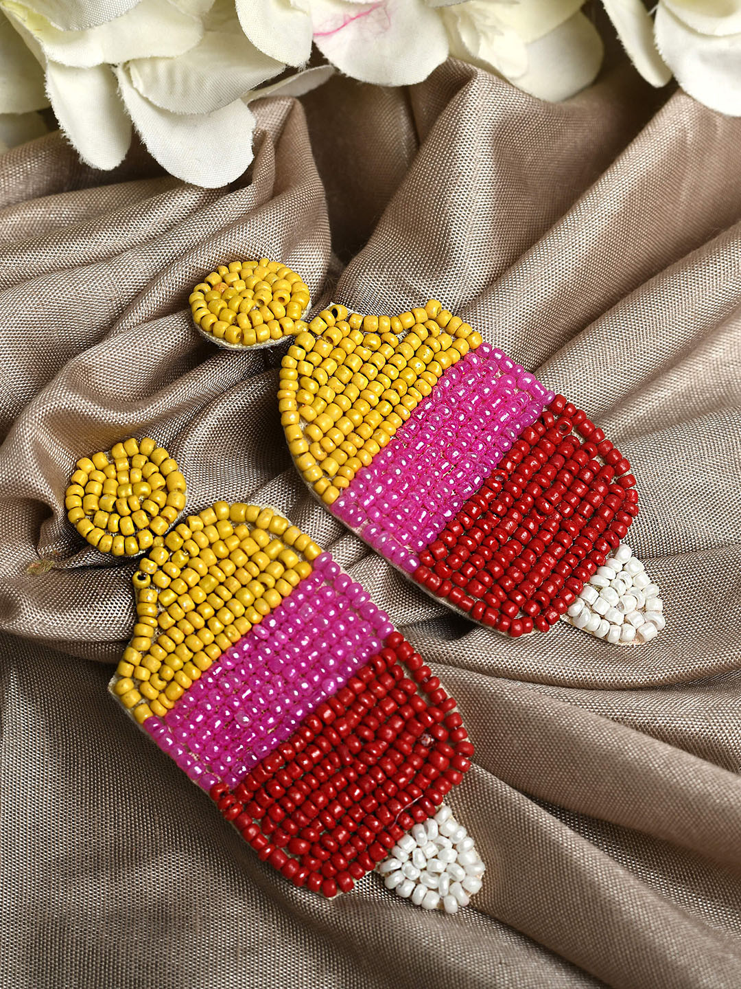 

QTO Yellow & Pink Beaded Classic Drop Earrings