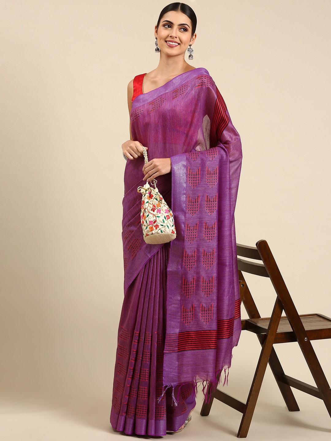

swatika Purple Woven Design Silk Blend Bhagalpuri Saree