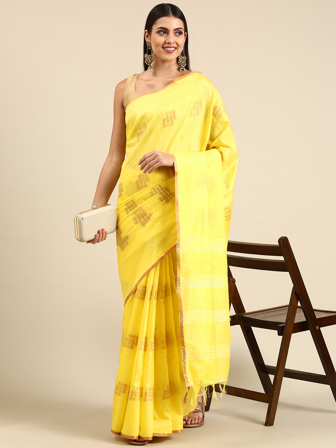 

swatika Yellow Woven Design Zari Silk Blend Bhagalpuri Saree