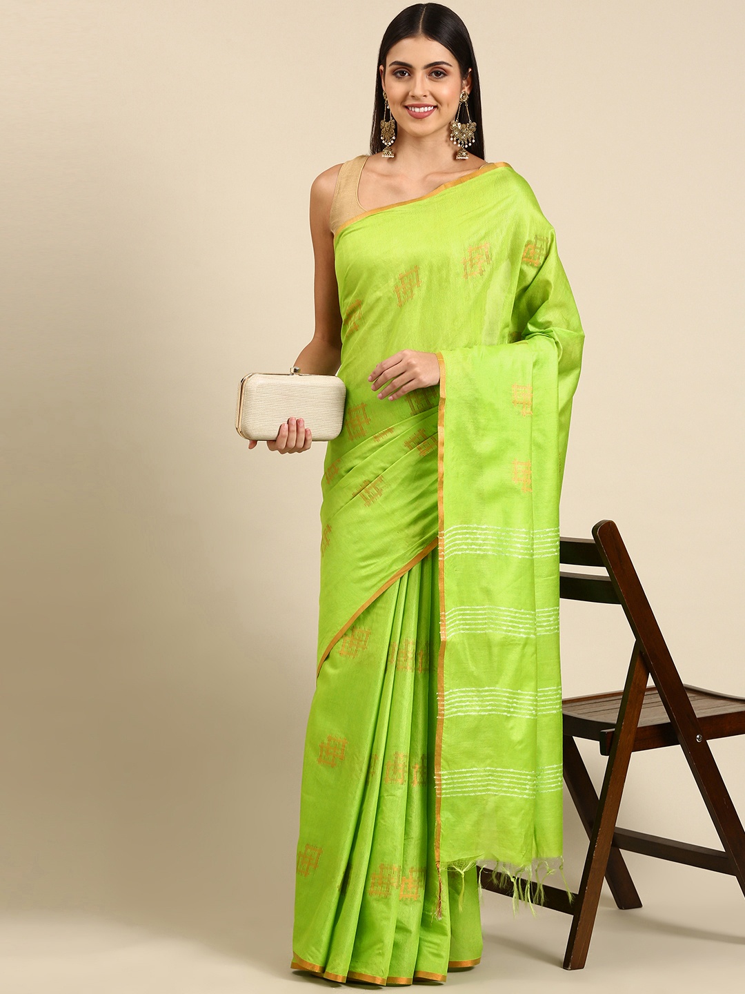 

swatika Green Woven Design Zari Silk Blend Bhagalpuri Saree