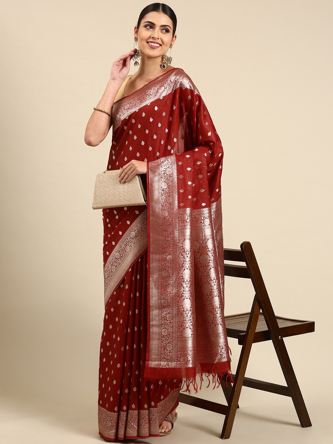 

swatika Maroon Woven Design Zari Banarasi Saree