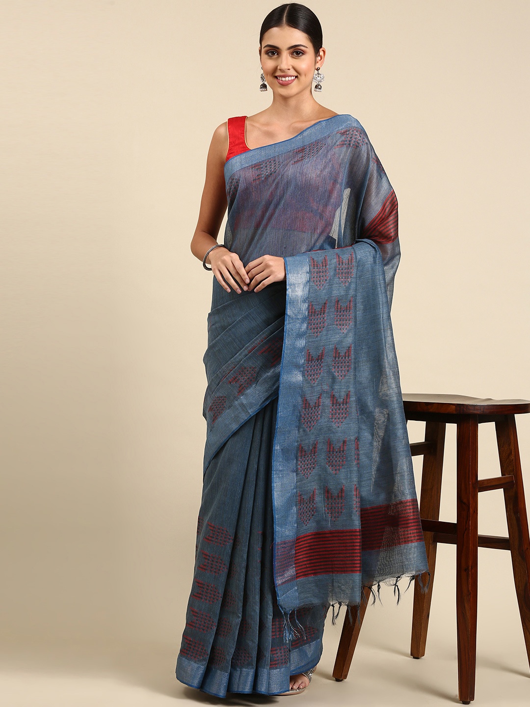 

swatika Blue Woven Design Silk Blend Bhagalpuri Saree