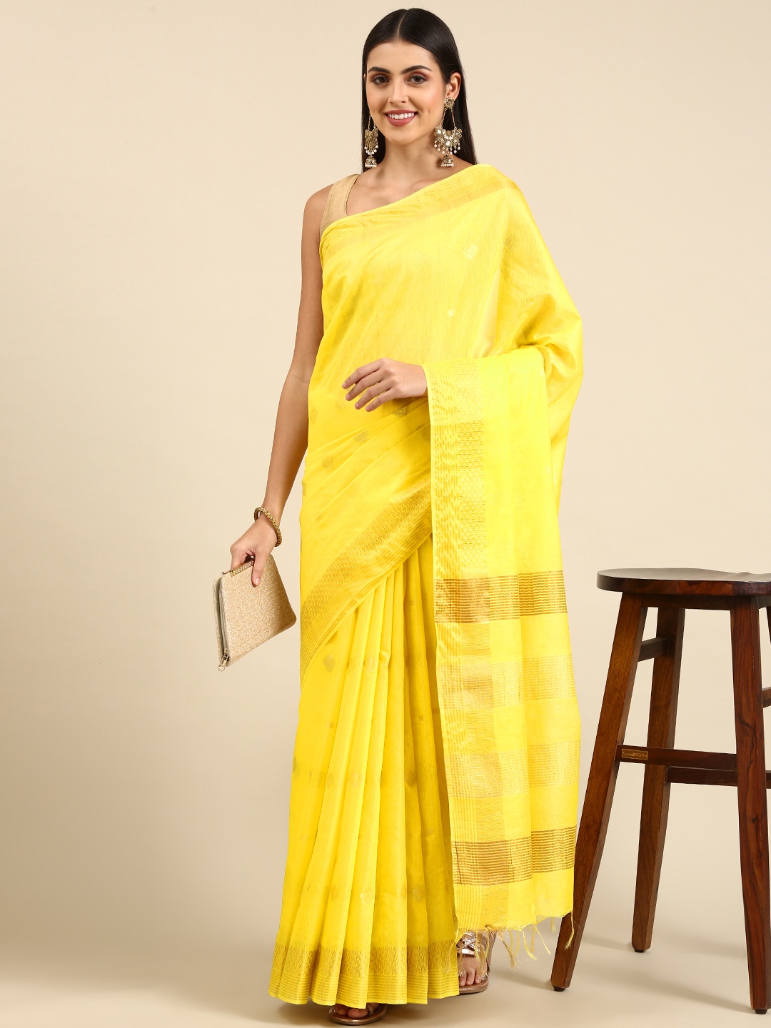 

swatika Yellow Woven Design Zari Silk Blend Bhagalpuri Saree