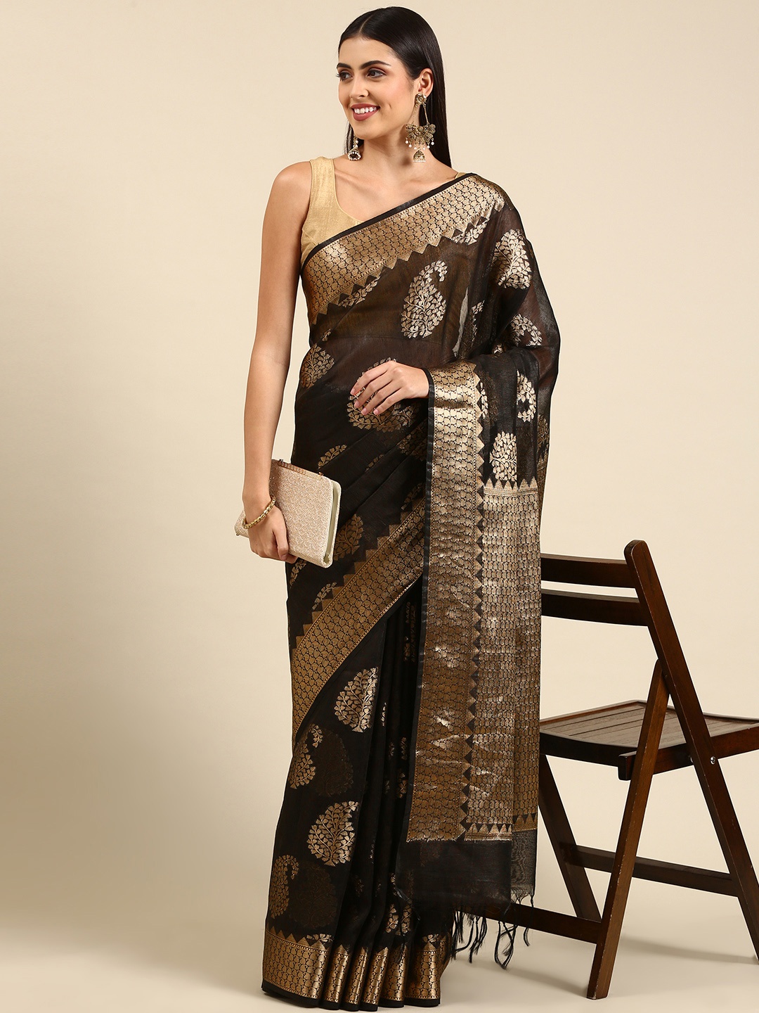 

swatika Black Woven Design Zari Pure Linen Banarasi Saree