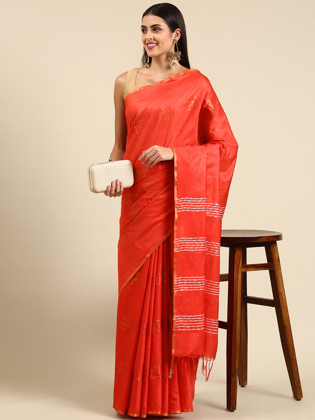 

swatika Red Woven Design Zari Silk Blend Bhagalpuri Saree