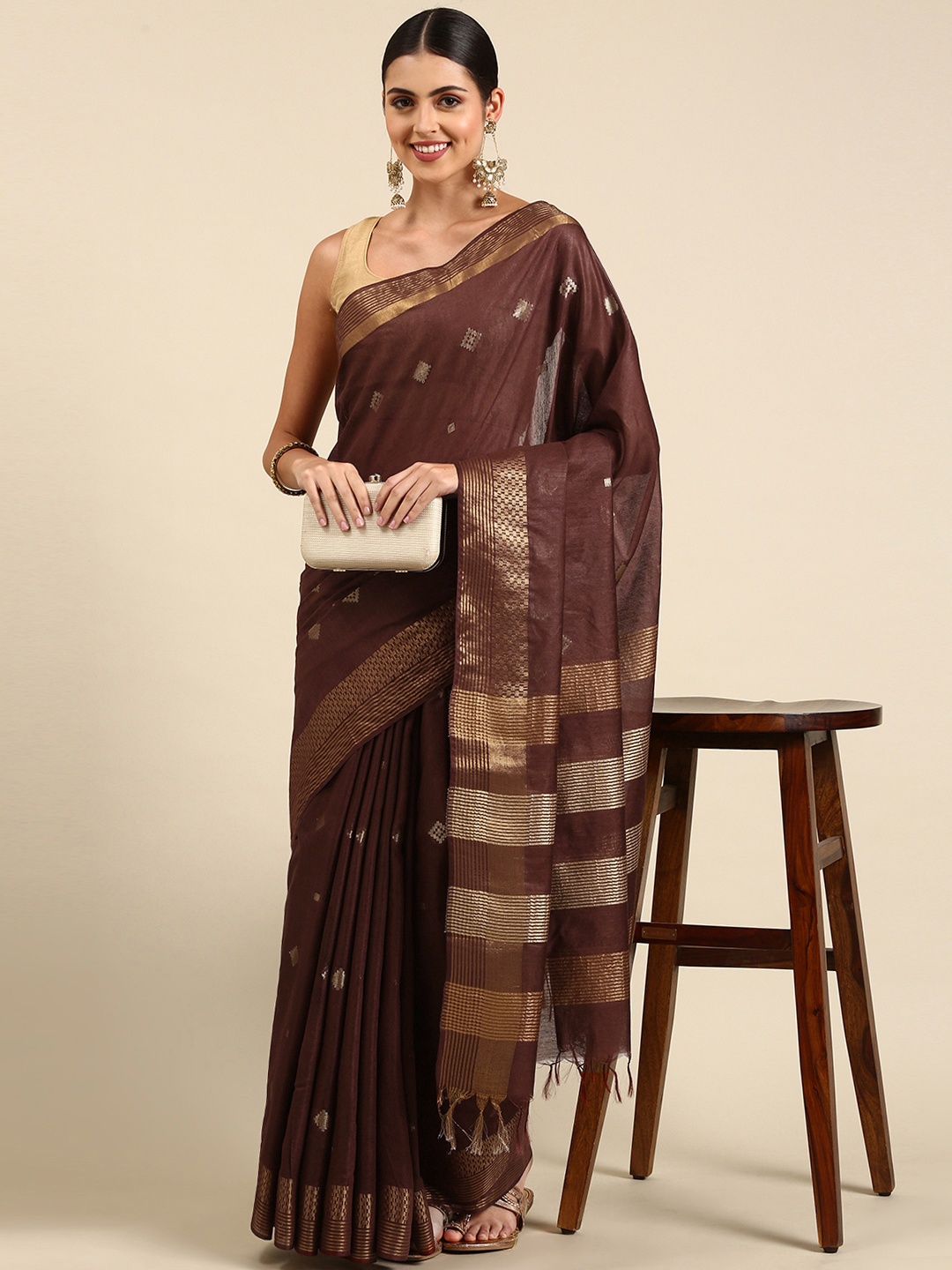 

swatika Brown Woven Design Zari Silk Blend Bhagalpuri Saree