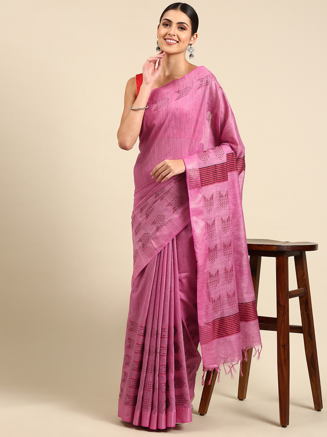 

swatika Pink Woven Design Silk Blend Bhagalpuri Saree