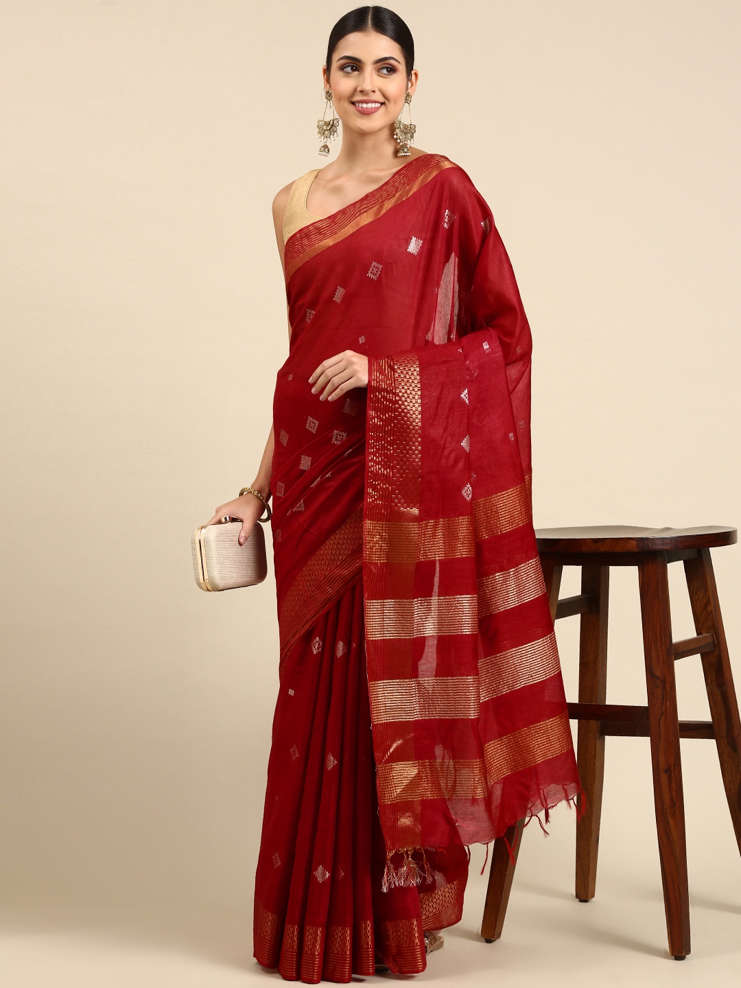 

swatika Maroon Woven Design Zari Silk Blend Bhagalpuri Saree