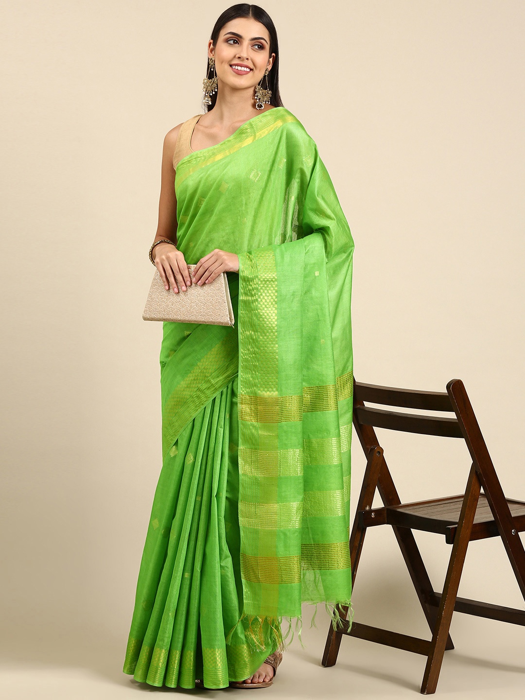 

swatika Green Woven Design Zari Silk Blend Bhagalpuri Saree