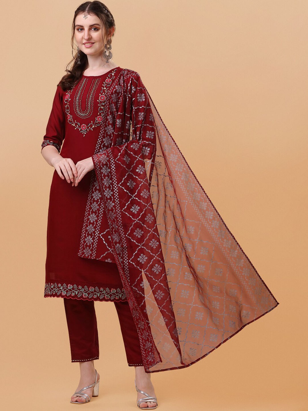 

Berrylicious Women Maroon Ethnic Motifs Zardozi Kurta with Trousers & With Dupatta
