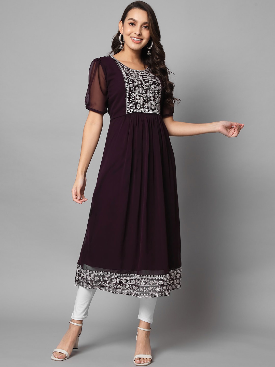 

VAIRAGEE Women Purple Yoke Design Thread Work Georgette Anarkali Kurta