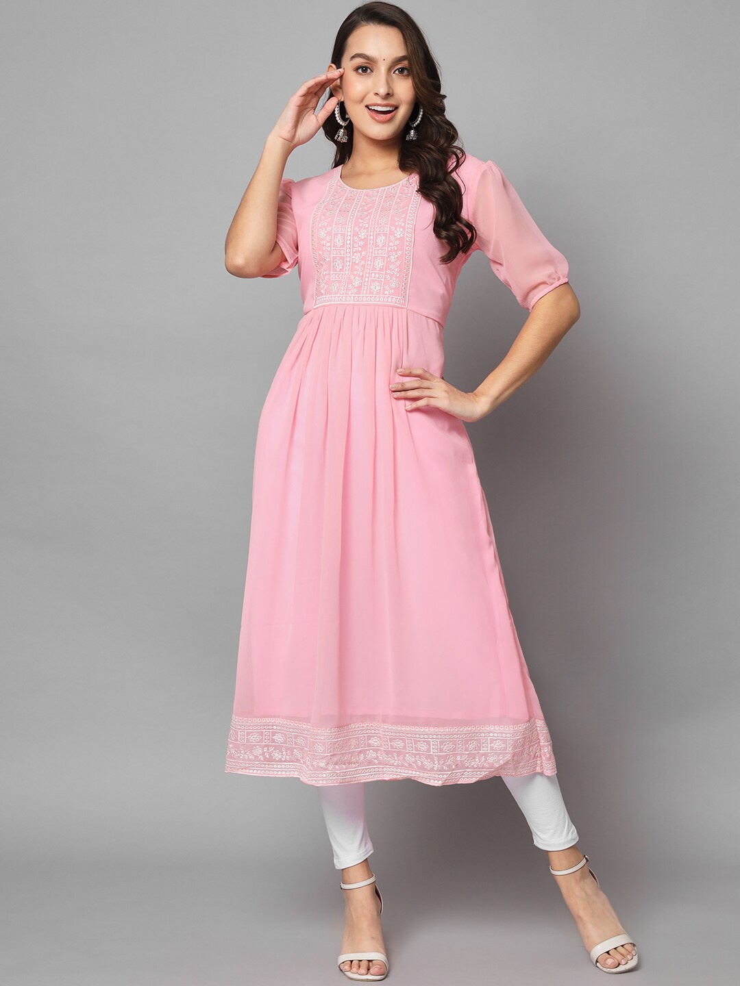 

VAIRAGEE Women Pink Yoke Design Thread Work Georgette Anarkali Kurta