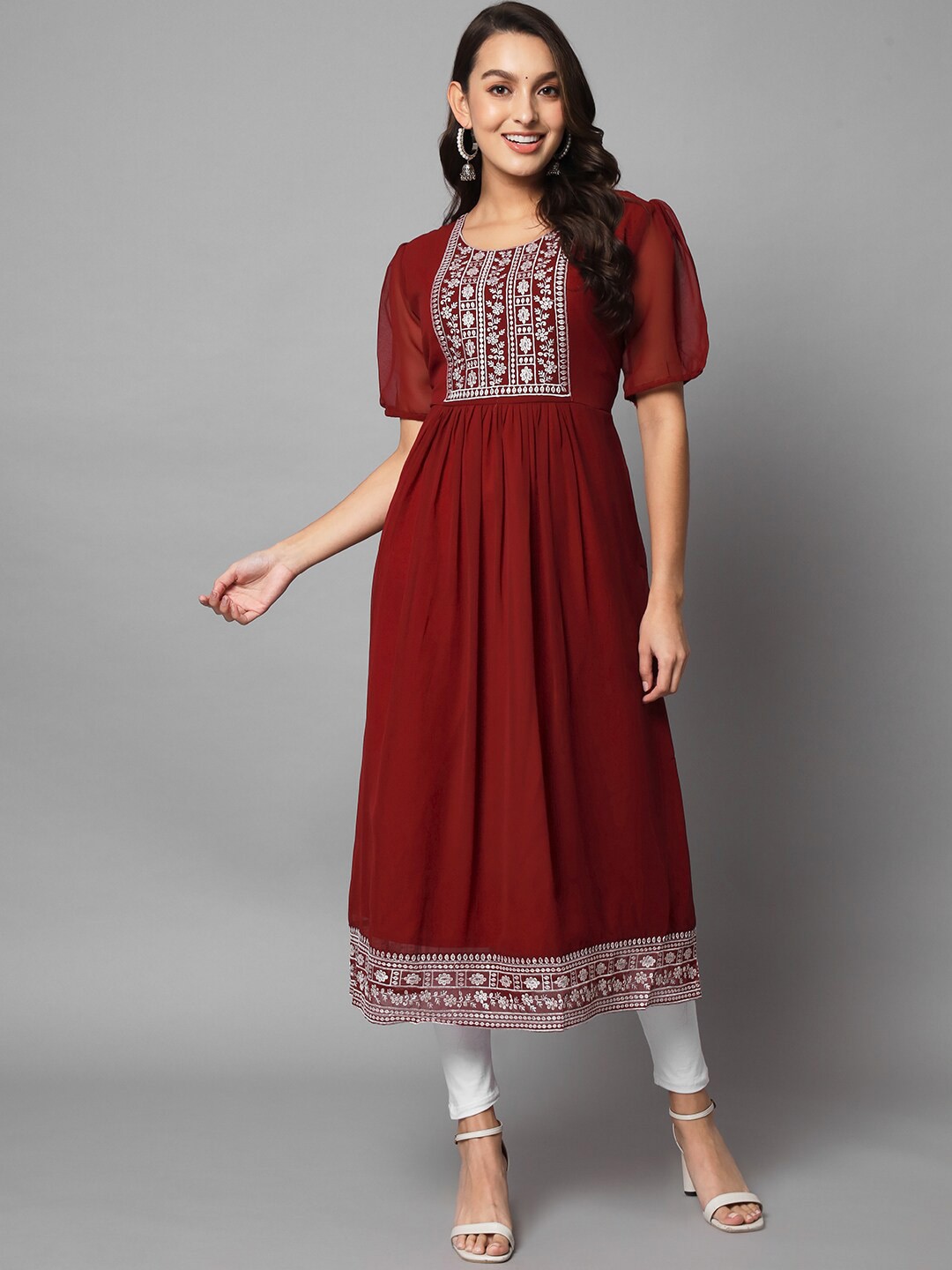 

VAIRAGEE Women Maroon Yoke Design Thread Work Georgette Anarkali Kurta