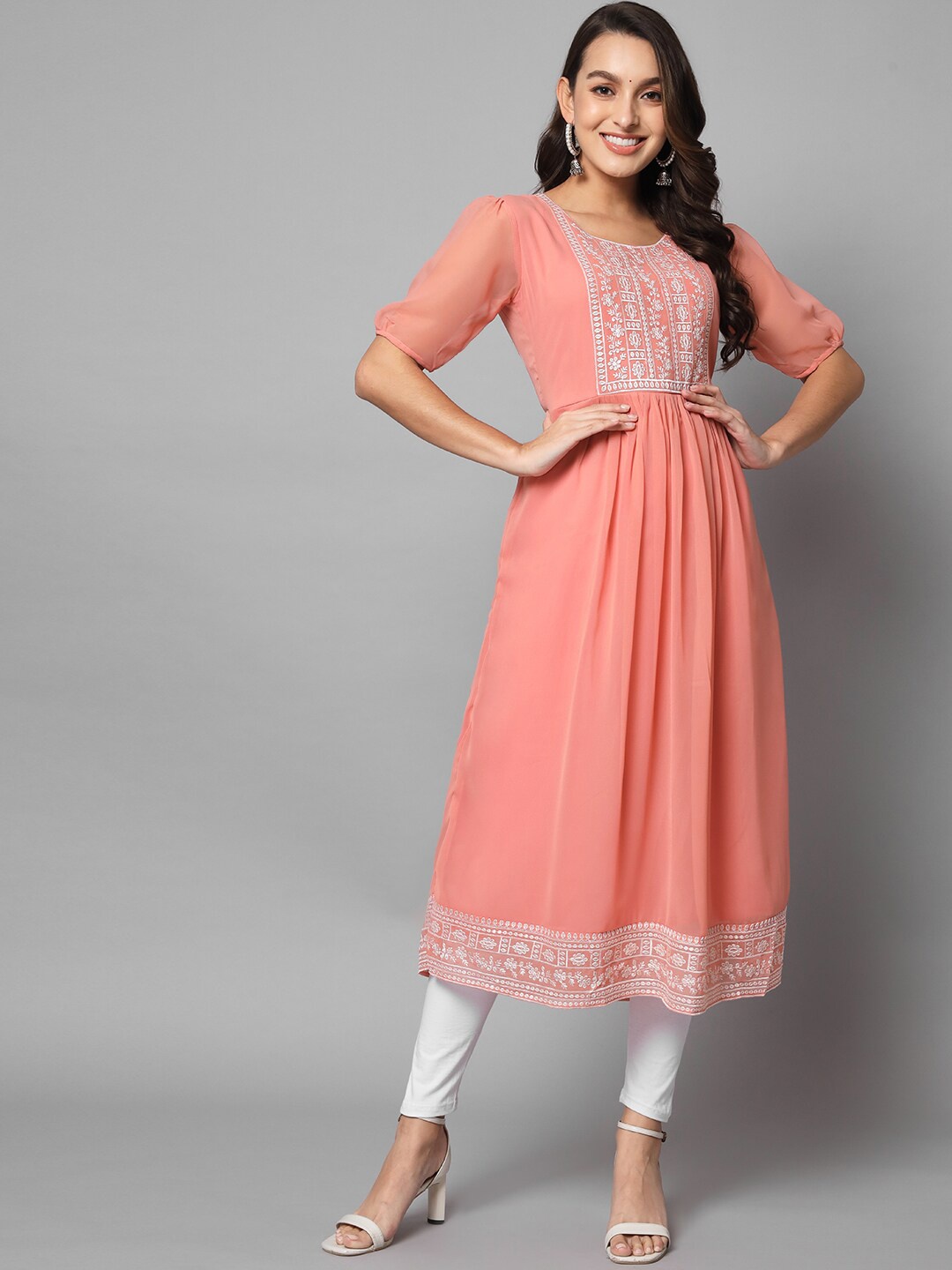 

VAIRAGEE Women Peach-Coloured Yoke Design Thread Work Georgette Anarkali Kurta