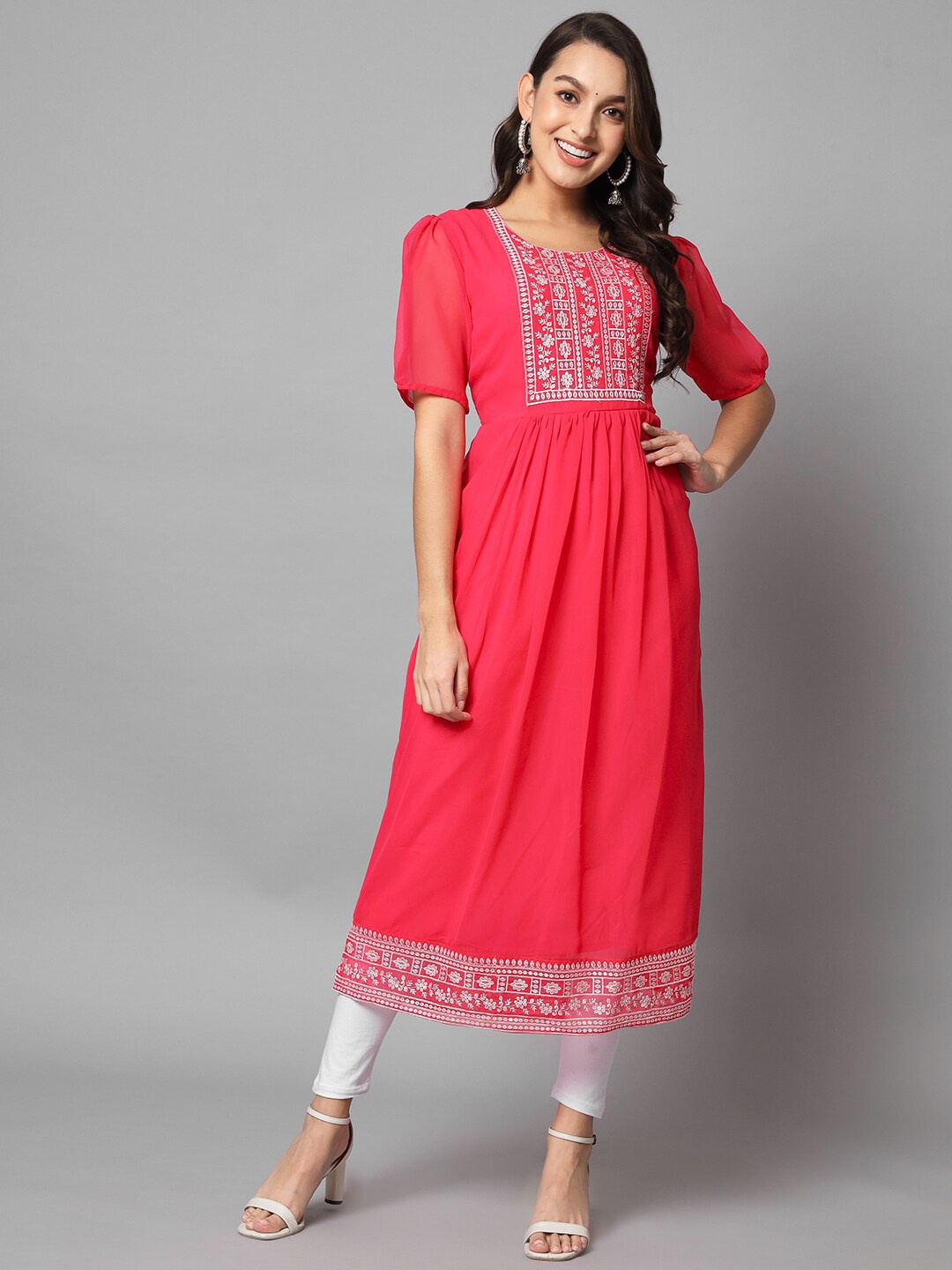 

VAIRAGEE Embroidered Yoke Design Georgette A-Line Pleated Kurta, Pink