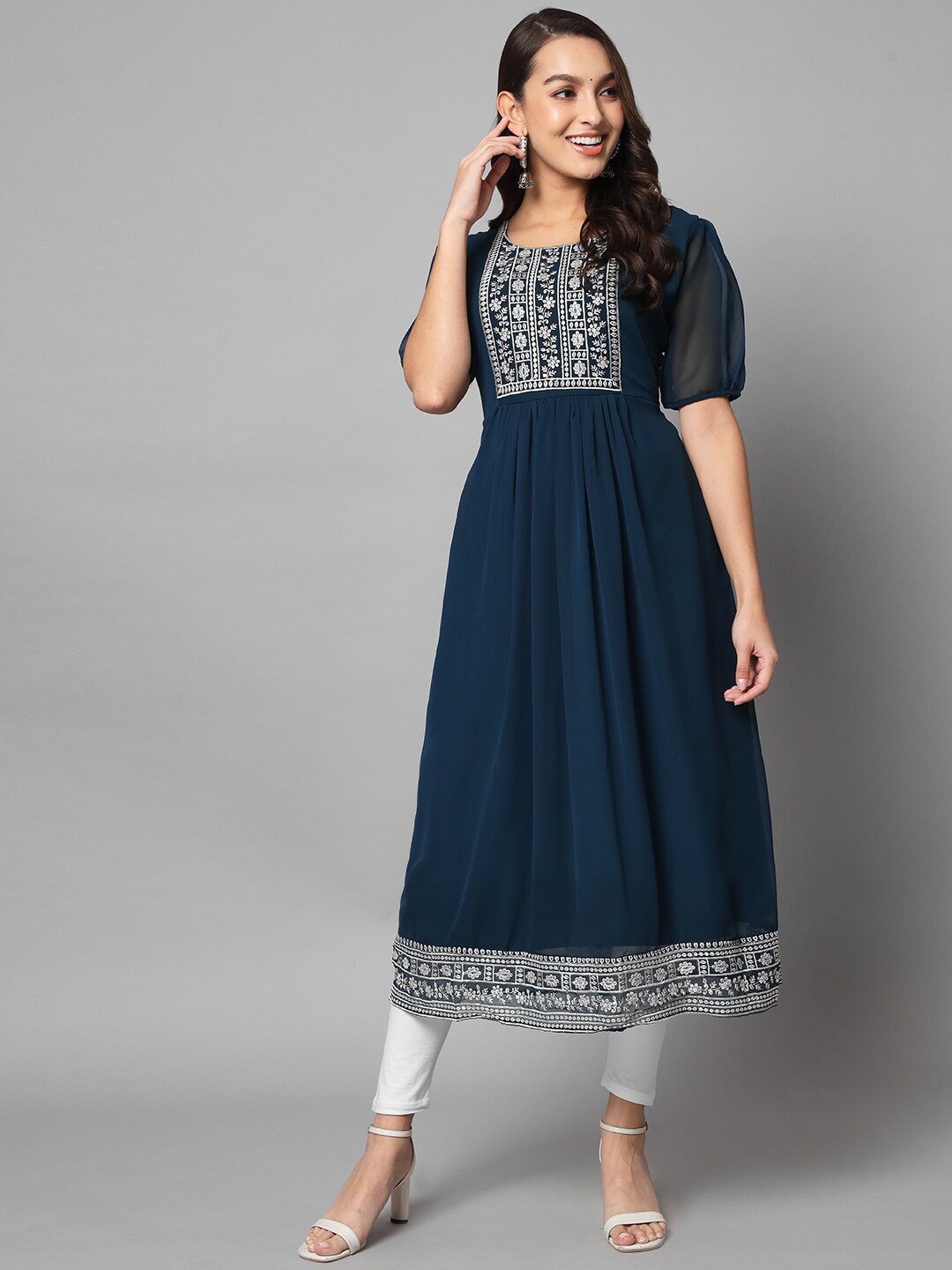 

VAIRAGEE Embroidered Yoke Design Georgette A-Line Pleated Kurta, Blue