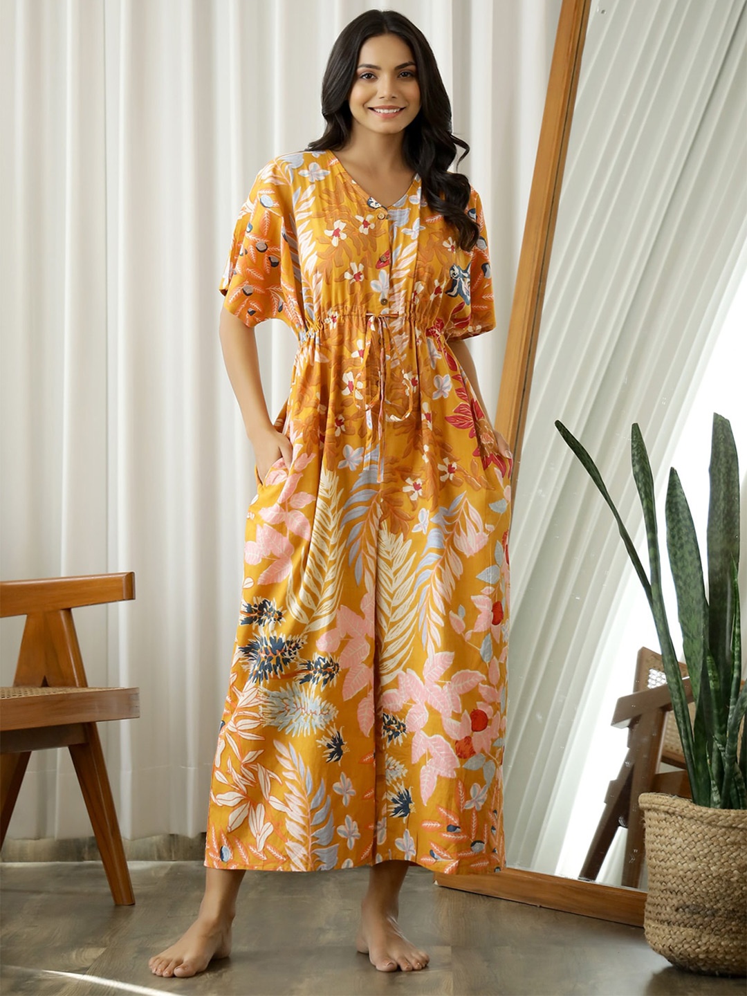 

SANSKRUTIHOMES Mustard Printed Maxi Pure Cotton Nightdress