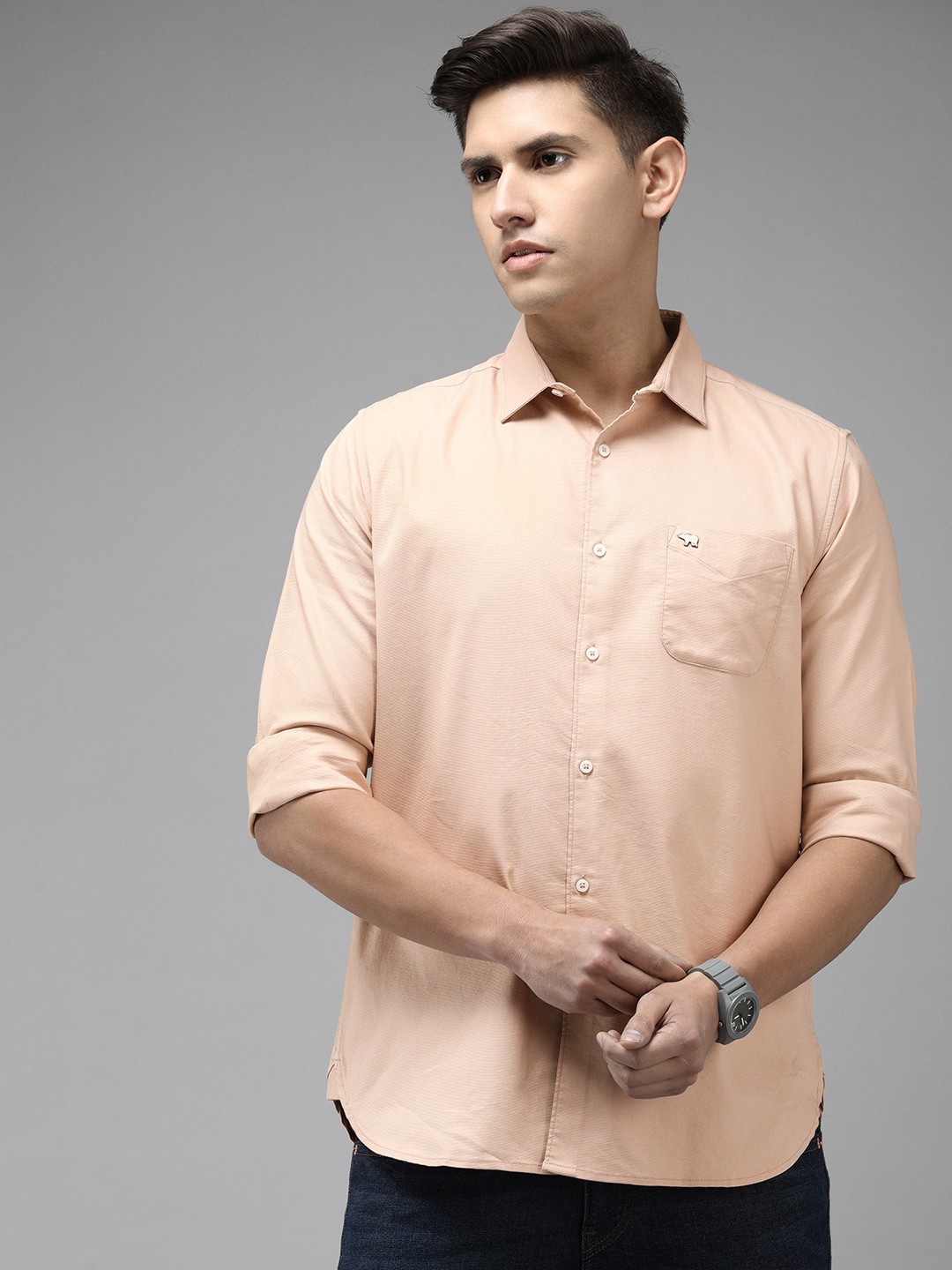 

THE BEAR HOUSE Men Slim Fit Cotton Lycra Casual Shirt, Beige