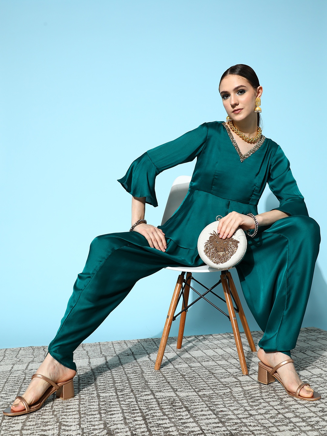 

Yufta Women Peplum Top With Dhoti Pants, Teal
