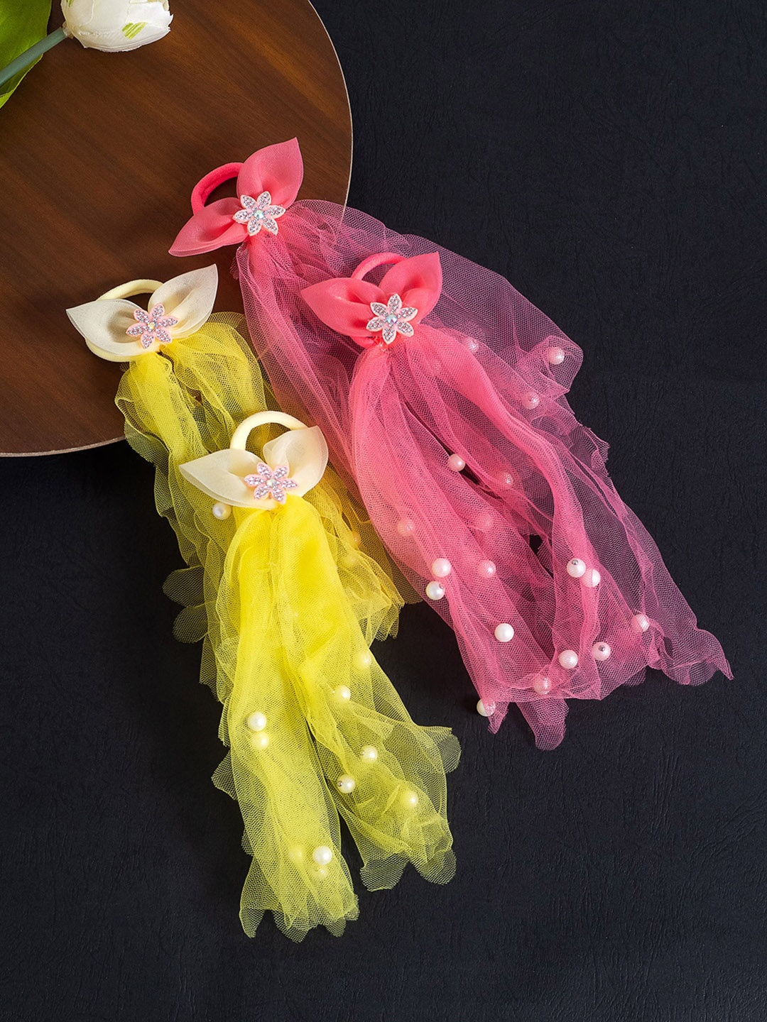 

Golden Peacock Girls Set of 4 Yellow & Pink Embellished Ponytail Holders