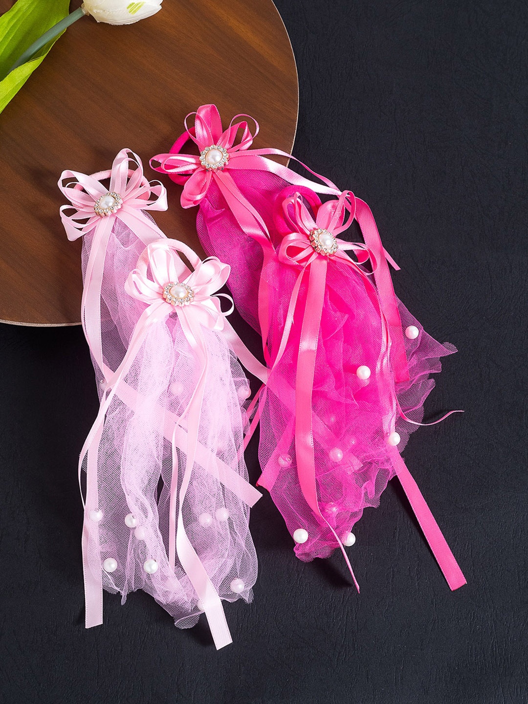 

Golden Peacock Girls Set of 4 Pink & Rose Lace Ponytail Holders