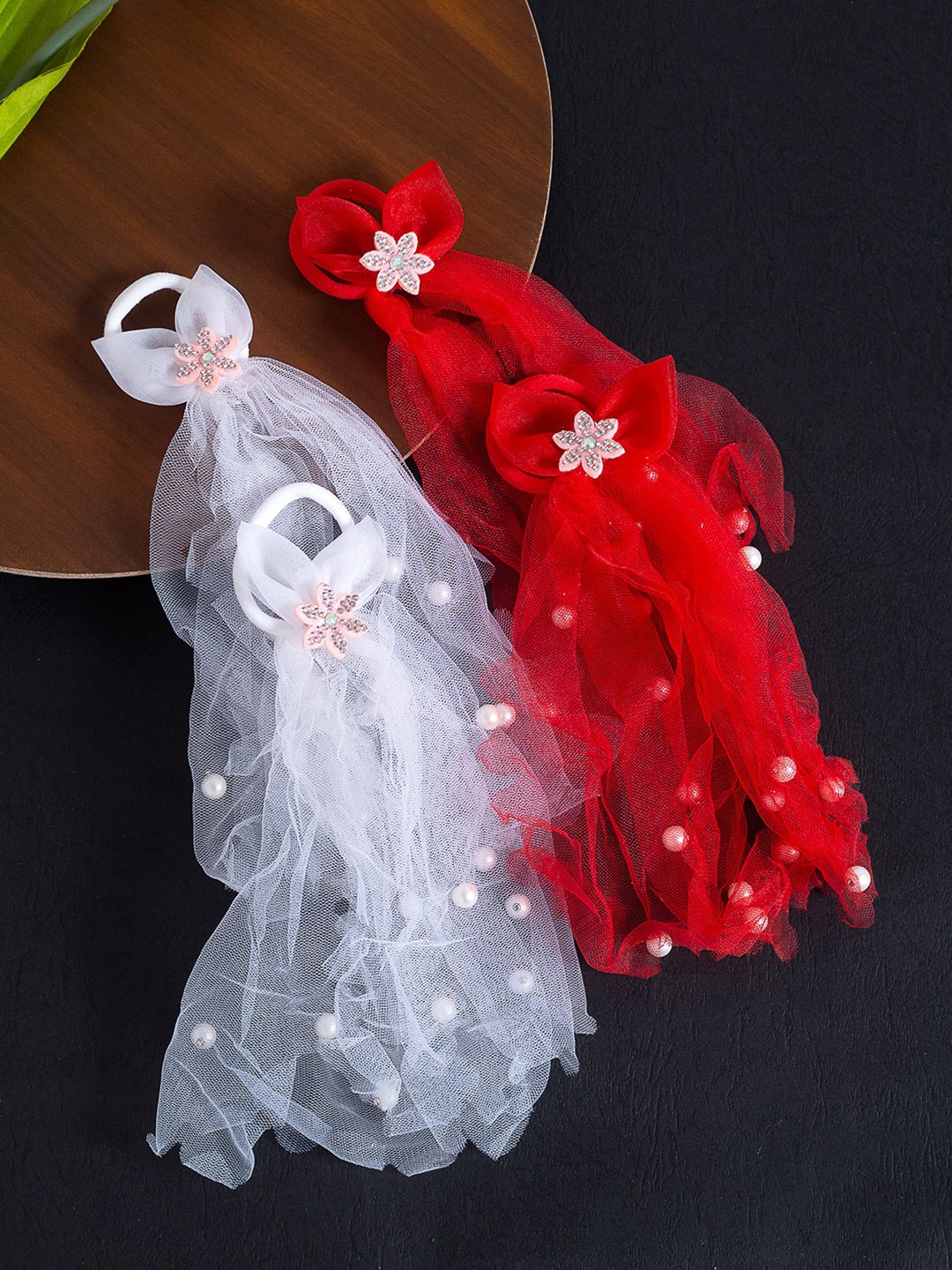 

Golden Peacock Girls Set of 4 White & Red Lace Ponytail Holders